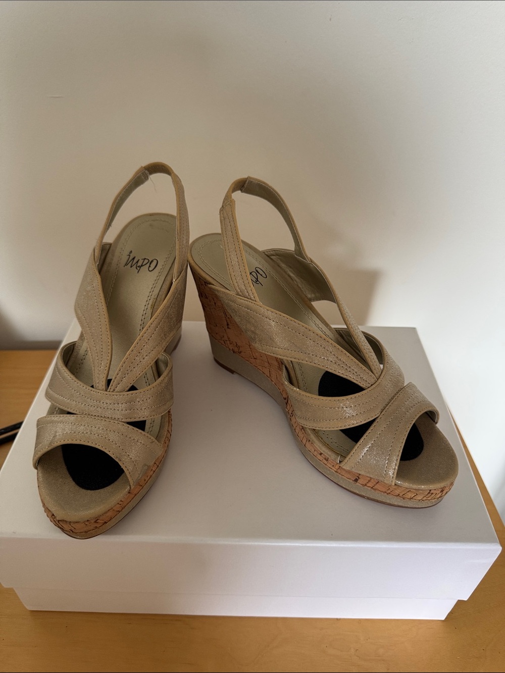 Impo Metallic Taupe Cork Wedge Sandals